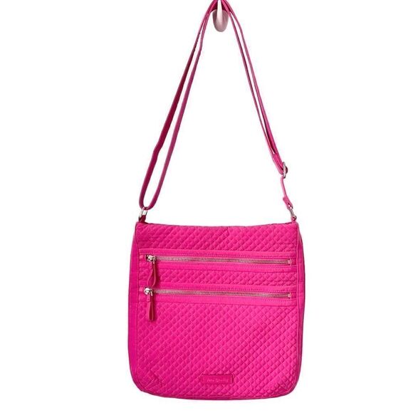 Vera Bradley Microfiber Iconic Tripe Zip Hipster Crossbody Bag in Hot Pink - Picture 1 of 8